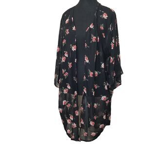 Express Women's Black Floral Sheer Kimono Cardigan Open Front 3/4 Sleeve Size L